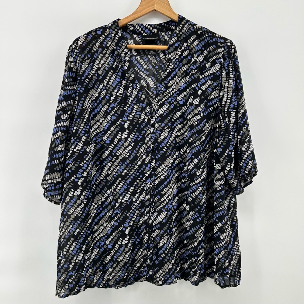 Lane Bryant Top Womens Plus 14/16 Black‎ Blue Abstract Sheer Short Sleeve Blouse